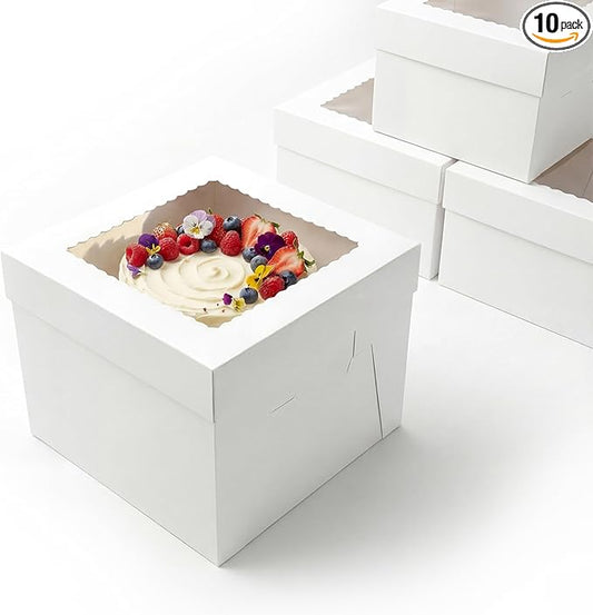 BOARDS+ 10 Inch Cake Boxes with Clear Window (10 Pack) – Sturdy Cardboard, Easy to Assemble, Disposable Cake Carriers for Weddings, Birthdays, and Special Occasions (10x10x10 Inches)