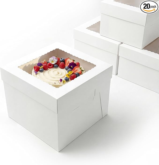 BOARDS+ 10 Inch Cake Boxes with Clear Window (20 Pack) – Sturdy Cardboard, Easy to Assemble, Disposable Cake Carriers for Weddings, Birthdays, and Special Occasions (10x10x10 Inches)