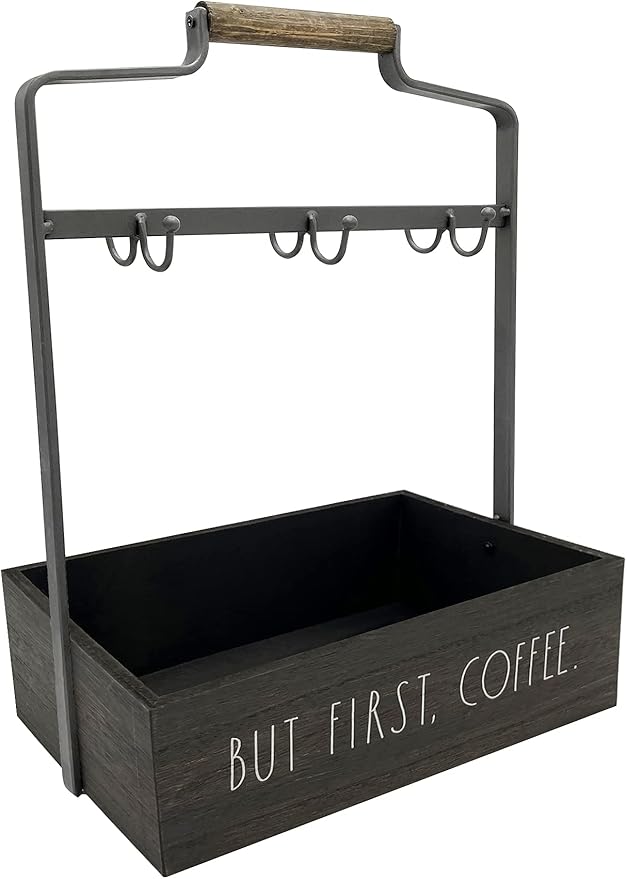 Rae Dunn Coffee Mug Holder - 6 Hook Coffee Cup Rack with Rectangular Rustic Style Crockery Holder - Storage or Display - Mug Stand Organizer for Kitchen Counter or Cafe Countertop - But First Coffee