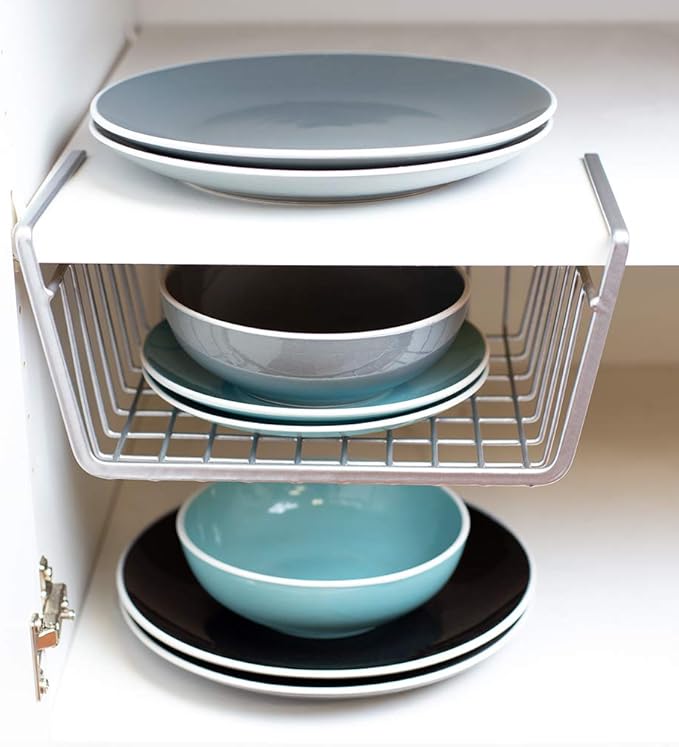 Home Basics Under Shelf Steel Wire Basket Hanging Storage Space Saver Slide-On Basket for Pantry, Cabinets, Closet, Shelves - No Hardware Needed - Silver