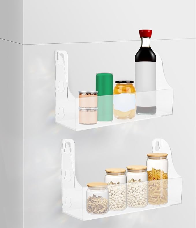 Homoyoyo Clear Acrylic Refrigerator Storage Shelf with Suction Cups-4-Can Capacity Spice Rack Organizer for Beverages Olive Oil Kitchen Essentials 14x7x27cm Transparent Space-Saving Fridge Accessory
