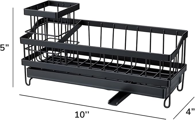 Sink Caddy & Organizer with 360° Rotating Drain, Countertop Holder for Sponges, Dishwashing Liquid, Long Handle Scrubber Compartment - Black