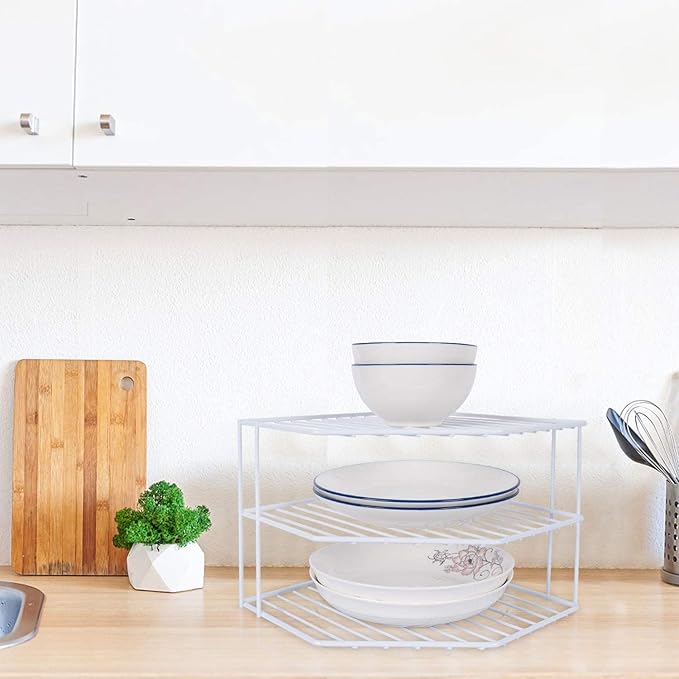 3-Tier Corner Shelf Counter and Cabinet Organizer -Countertop Organizer - Cabinet Corner Rack for Plate - Cabinet & Pantry Kitchen Organization (White)