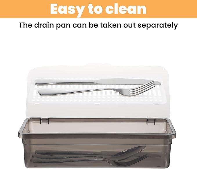 4Pcs Flatware Tray with Lid and Drainer, Large Plastic Silverware Utensil Drawer Organizer Grey Covered Silverware Tray Organizer with Lid for Kitchen Home