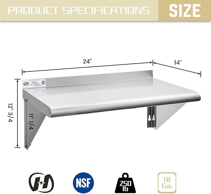 Hally Stainless Steel Shelf 14 x 24 Inches 250 lb Commercial Wall Mount Floating Shelving for Restaurant, Kitchen, Home and Hotel