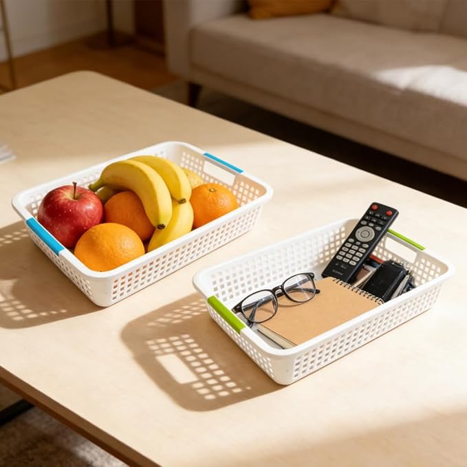 8 Pack Large Plastic Storage Baskets with Handles (15×10×3 Inch) - Pantry Organizer Bins, Desktop Paper Storage Baskets for Countertops, Cabinets, Bedrooms & Bathrooms