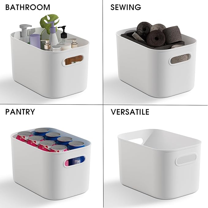 10 Pack White Plastic Storage Bins, Storage Container for Organizing, Storage Boxes with Handle for Shelves, Cute Organizer Bins for Craft, Snacks, Pantry, Cabinet, 9.69x6.7x5.7 inch