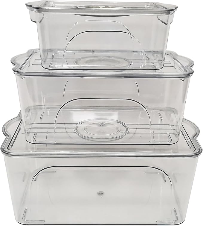 Food Storage Containers with Lids - Clear Plastic Stackable Storage Bins with Date Recorder for Fridge, Freezer, Kitchen Cabinet, Pantry Organization (Set of 3)