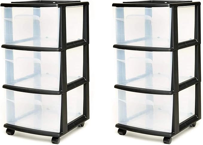HOMZ 2-Pack Drawer Tower, 3-Tier Clear Plastic Storage Organizer Cart, Black Frame - Organizing Containers with Wheels for Home, Bathroom, Bedroom, Office, and Classroom