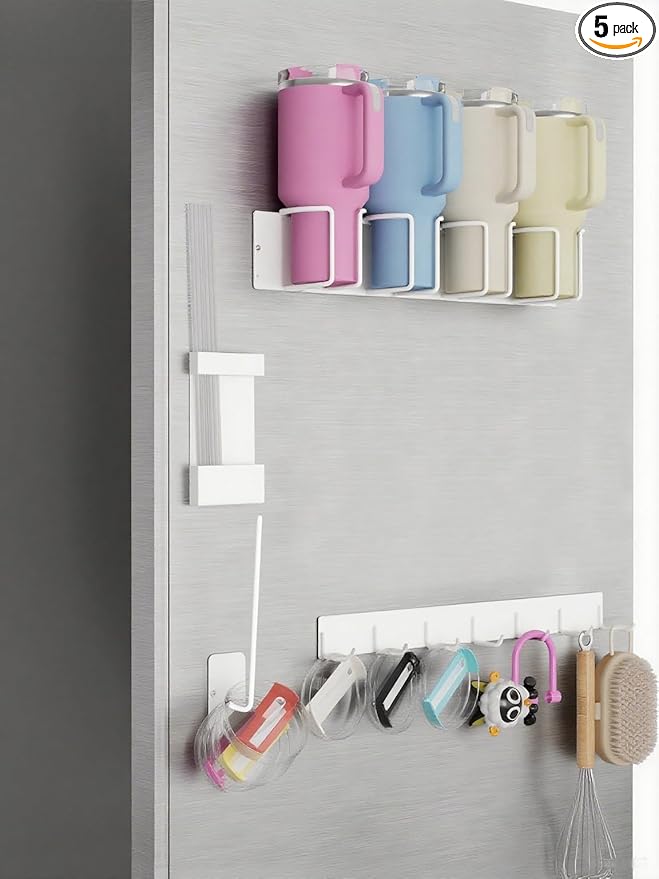 Magnetic Cup Holder Set - Universal Organizer Fits Stanley 20/30/40oz & All Cups up to 3.25 Inches Wide, Modular Rack with Lid and Straw Holders (White, 4 Cup)