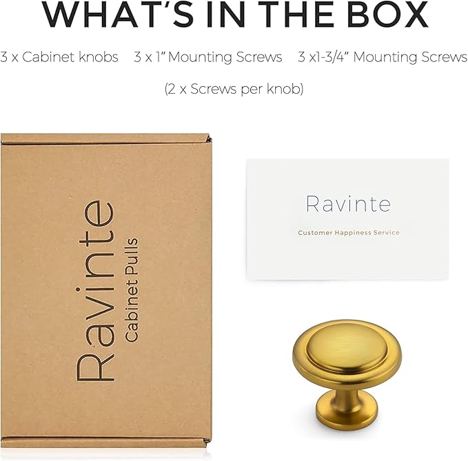 Ravinte 3 Pack Brushed Brass Cabinet Pulls - 1-1/4 Inch Kitchen Knobs for Drawers and Doors - Handles for Dressers