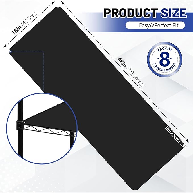 Sliner 8 Pack 18 x 48 Inch Wire Shelf Liner Black Plastic Waterproof Liners for Organizing Metal Rack Shelves, Kitchen Cabinets, Cupboard, Pantry