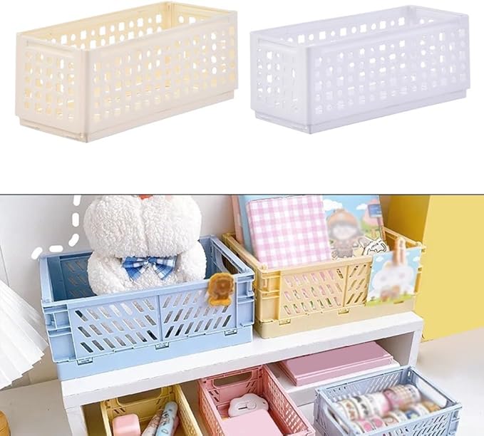 Folding Storage Basket Plastic Organizer with Stackable Design for Snacks Cosmetics and Office Supplies, 30x13x12cm White(Large milk white)