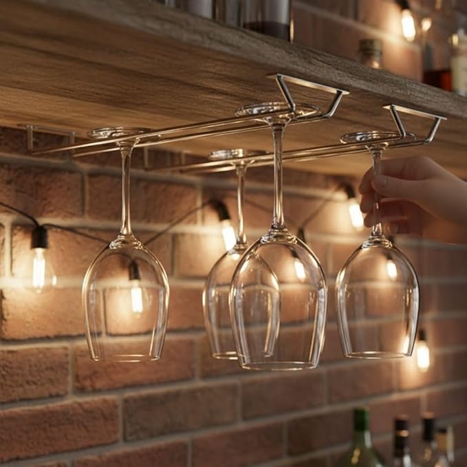 Soro Essentials- 10" Glass Hanging Stemware Rack Chrome Plated Set of 2- Wine Glass Hangers Under Shelf Cabinet Wire Wine Holder Storage Hanger for Cabinet Kitchen Bar or Home