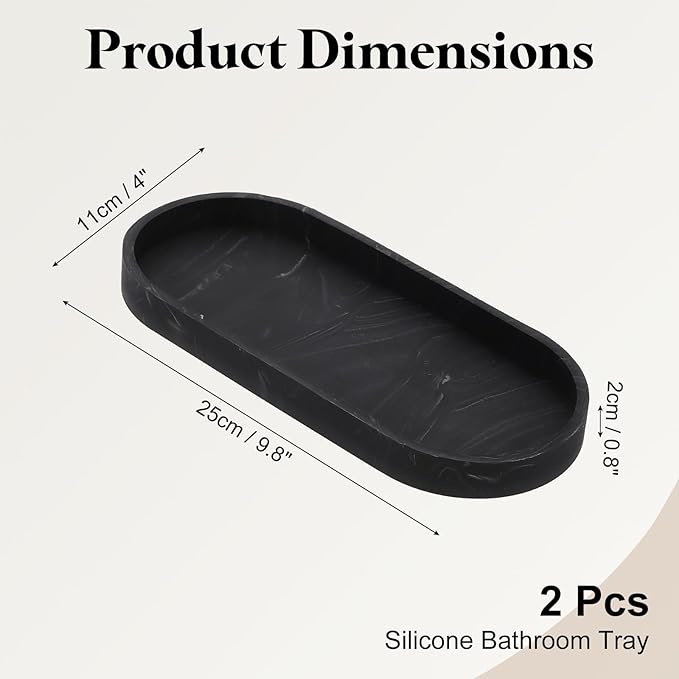 uxcell 2Pcs Bathroom Vanity Tray, 9.8" x 4" Oval Silicone Soap Dispenser Trays, Shatterproof Kitchen Sink Organizer for Soaps Keys Candle Trinket, Marble Black