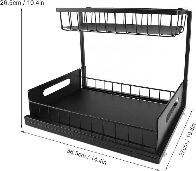 Under Sink Organizer L Shape 2 Tier Slide Out Sink Shelf, Under Sink Storage Organizer with Slide Out System, Carbon Steel Under Sink Shelf for Kitchen Bathroom, Includes