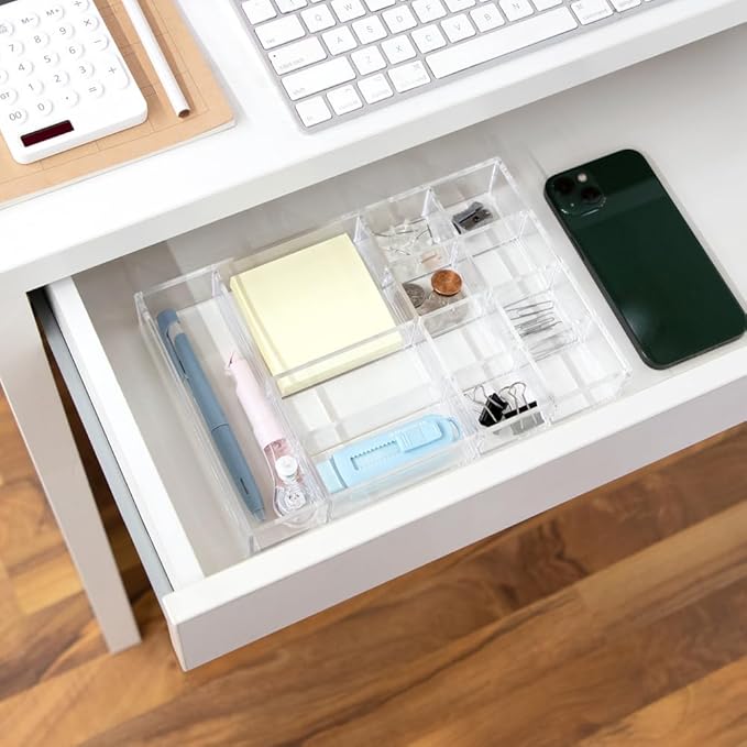 Isaac Jacobs 12-Compartment Clear Acrylic Drawer Organizer (9.4" L x 6.4" W x 1.3" H), Multi-Sectional Tray & Storage Solution for Makeup, School & Office Supplies, Bathroom, Kitchen