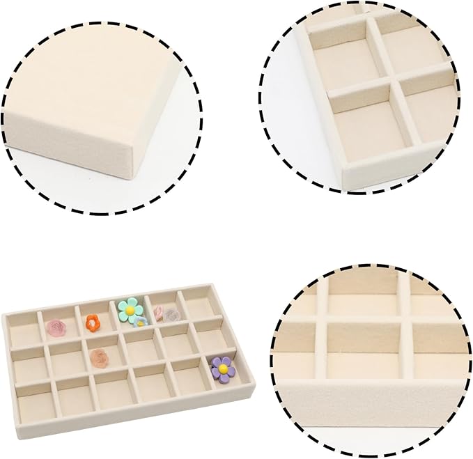 Velvet Jewelry Organizer Trays Beige Stackable Jewelry Storage Display Tray with Removable Dividers, 18 Grids