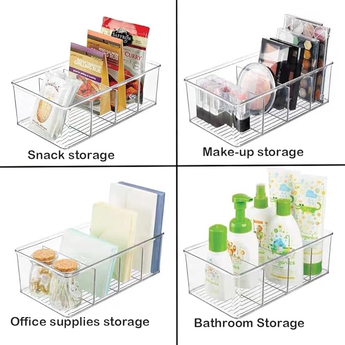 1 Pack Storage Organizer Bins, Plastic Bins Desk Organizer Containers with 4 Slots for Pantry, Kitchen, Fridge, Cabinet Packets, Snacks, Shelves, Pouches, Spice Packets