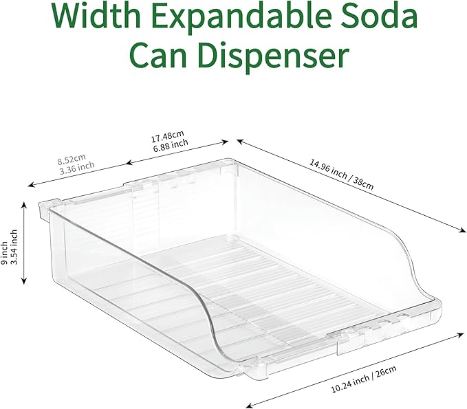 BIINONE Adjustable Soda Can Dispenser for Refrigerator –Expandable Width PET Drink Organizer, Stackable Space-Saving Fridge Organizer for Cans & Bottles – 2 Pack