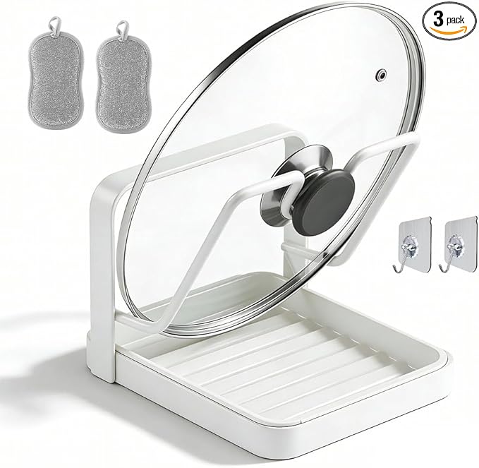 Kitchen Pot Lid Storage Rack, 2026 New Stainless Steel Pot Lid Holder While Cooking, Multifunctional Pot Lid Organizer Rack with Multipurpose Wire Dishwashing Rags for Kitchen (White, Single Layer)