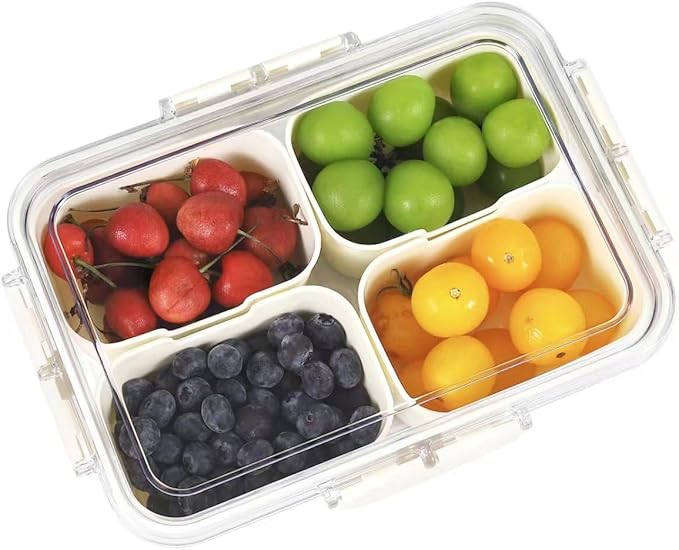Snack Box Container, 4 Compartments Divided Serving Tray with Lid, Snackle Box Container, Snack Organizer for Fruit, Veggie, Perfect for Party, Entertaining