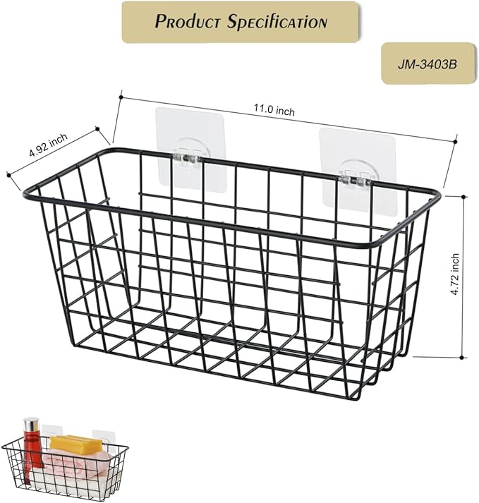 JUNCHU CHERRY 2 Pack Hanging Storage Basket, Bathroom Basket, Household Goods, with Traceless Tape, no Drilling, for Cabinet Storage, Kitchen, Bathroom, Storage Room,Black