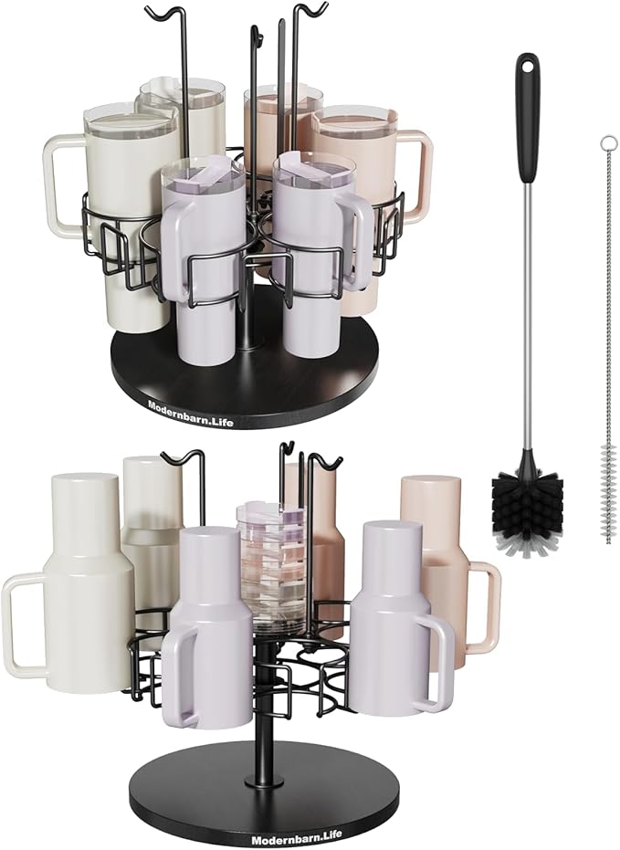Water Bottle Organizer for Cabinet or Counter - Rotating Non-Slip Tumbler Organizer Holder for Stanley 40 Oz Cup with Handle - 2-In-1 Tumbler Display Storage Rack & Water Bottle Drying Rack - Black