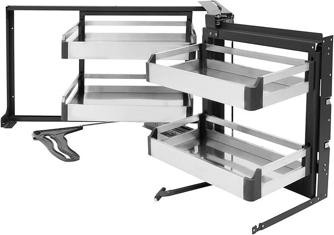 Blind Corner Cabinet Pull Out Organizer 2 Tier with 4 Detachable Shelves Magic Pull Out Deep Corner Cabinet Organizer Narrow Blind Cabinet Pull Out (Stainless Steel, Right Open)