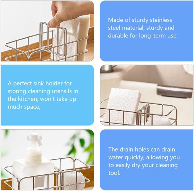 Kitchen Sink Caddy Sponge Holder: Metal Sink Drying Rack Stainless Steel Counter Draining Shelf Organizer for Sponge Brush Soap Dishcloth
