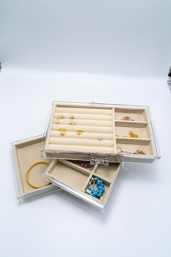 Clear Acrylic Jewelry Box With Drawers, Transparent Acrylic Jewelry Storage Can Be Stacked,Velvet Tray Can Be Adjusted For Storing Earrings Rings Bracelets Necklaces Gift for Women Girls.