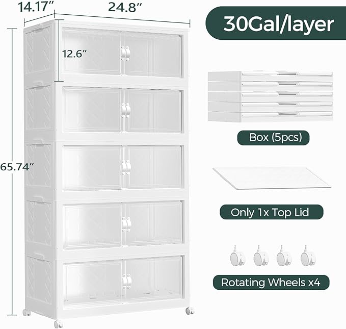 Atrasee 600QT Extra Large Stackable Storage Bins with Lid, 150Gal Collapsible Closet Organizer Box with Wheels, Folding Plastic Storage Cabinet with Doors for Home Bedroom Office Dorm, 5Pack White