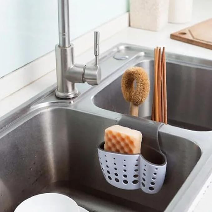 Kitchen Sink Caddy - Silicone Plastic Soap Sponge Holder - BPA-free Rack - Faucet Caddy with Drain Holes for Drying - Adjustable Hanging Strap (White Double)
