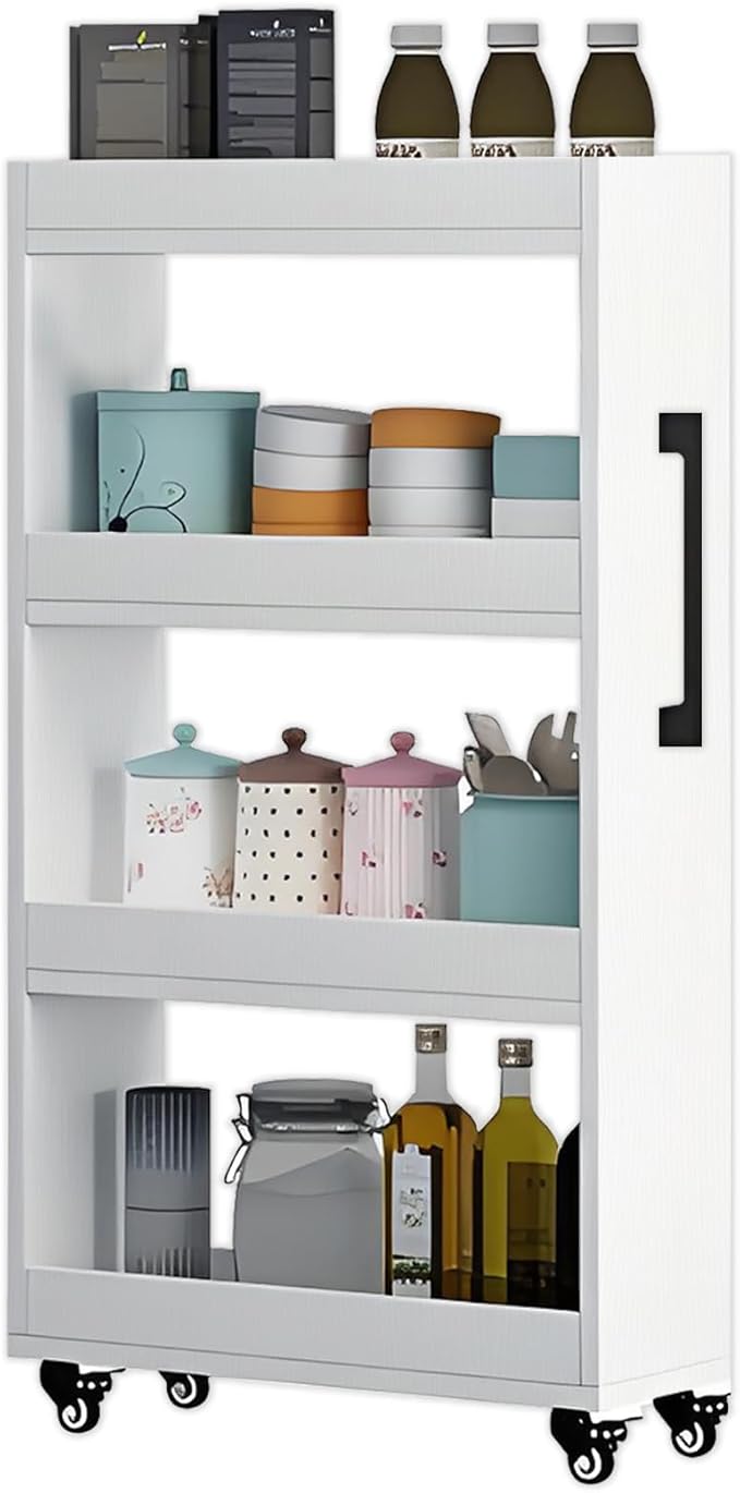 7-Tier Slim Rolling Storage Cart, Wooden Narrow Pantry Cabinet with Wheels, Tall Space-Saving Shelf Organizer for Kitchen, Laundry, Bathroom (White, 47.2" H*7.8" W*19.6" D)