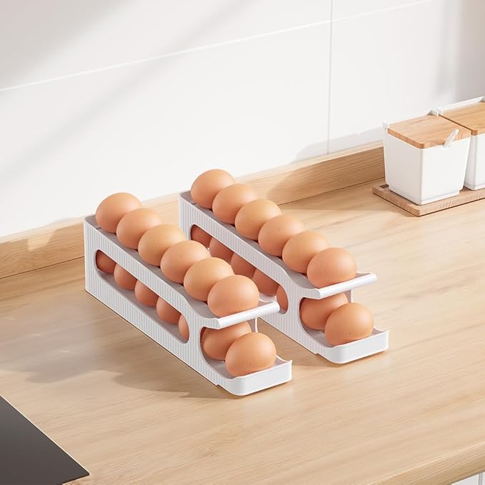 Egg Holder for Fridge, 2 Tiers Auto Rolling Egg Storage Organizer for Refrigerator, Slim Space Saving Container, Dispenser - Egg Roller for Eggs 12 Count