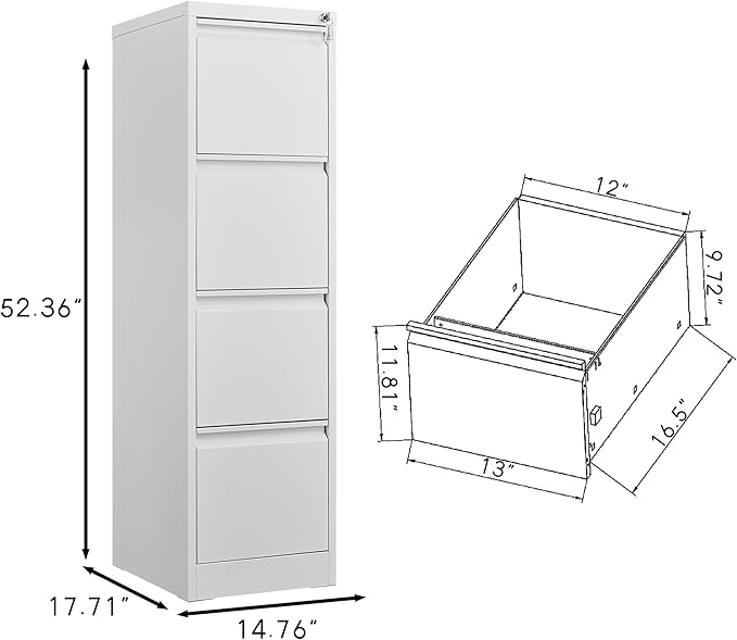 4 Drawer File Cabinet with Lock, Vertical Filing Cabinet for Home Office Garage, Metal Lockers Steel Lockable Drawer Storage Organizer for Letter Size/a4/Legal Files White