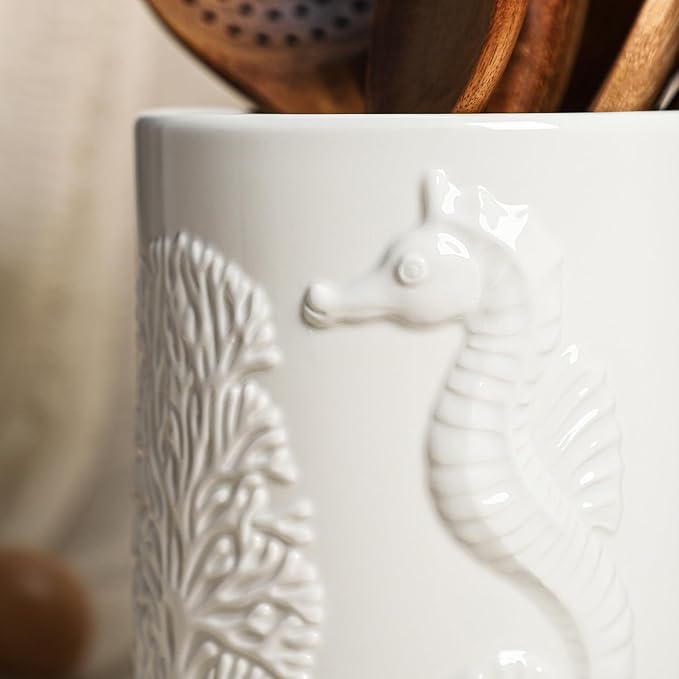 Ceramic White Seahorse Embossed Pattern Kitchen Utensil Holder, Large Cooking Utensil Crocks for Countertop, Ocean Style Utensil Organizer for Spatula and Home