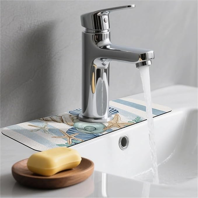 Kitchen Sink Splash Guard，art seashells starfish Faucet Mat Sink Gadgets-Super Absorbent Fast Drying Mat Drip Catcher for Kitchen, Bathroom,Sink Mat, Dish Drying Mat, Bathroom(15" X 5.5" )