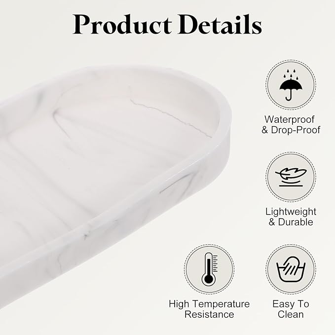 uxcell 2Pcs Bathroom Vanity Tray, 9.8" x 4" Oval Silicone Soap Dispenser Trays, Shatterproof Kitchen Sink Organizer for Soaps Keys Candle Trinket, Marble White