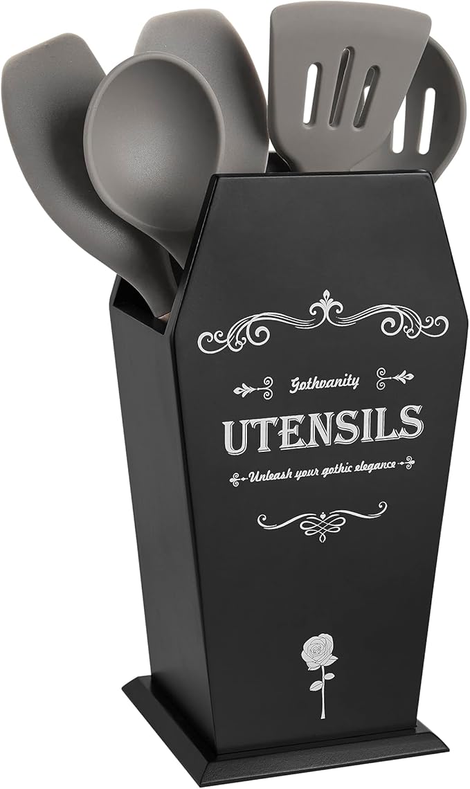 Gothic Coffin Utensil Holder - Large Stable Spooky Dark Aesthetic Kitchen Organizer, Wooden Black Kitchen Decor 12.5X8X5 Inches