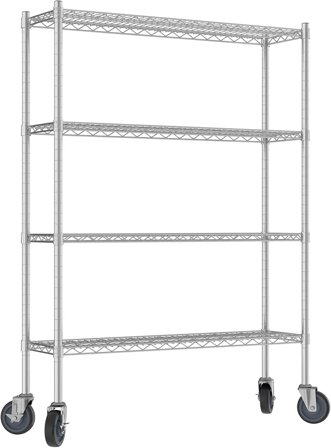 Commercial NSF Listed Chrome Mobile Wire Shelving Kit 12" x 42" x 60", with 4 Shelves Perfect for Warehouse, Walk-in Refrigerator, Freezer, Grocery Store, Restaurant, Dishroom