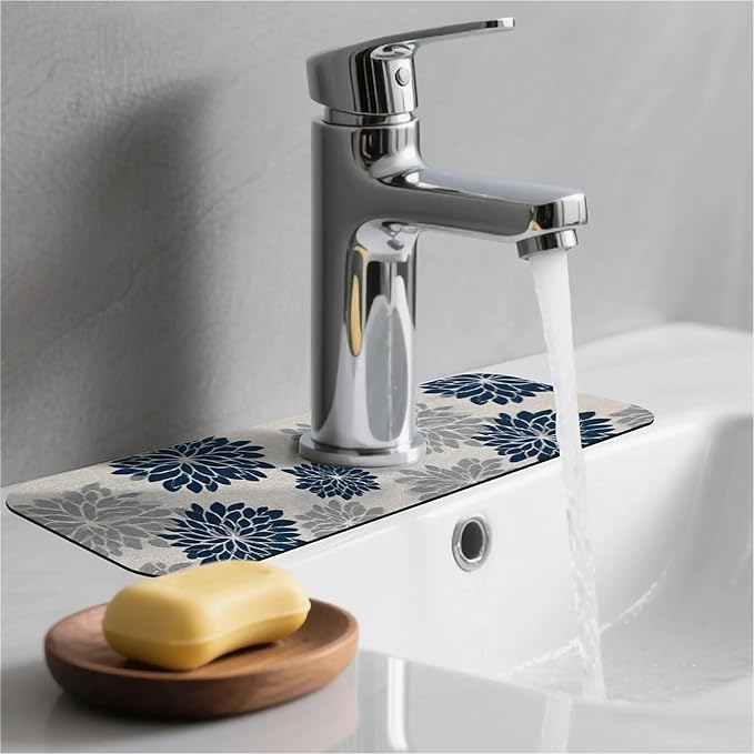 Kitchen Sink Splash Guard，Navy and gray floral Faucet Mat Sink Gadgets-Super Absorbent Fast Drying Mat Drip Catcher for Kitchen, Bathroom,Sink Mat, Dish Drying Mat, Bathroom(15" X 5.5" )