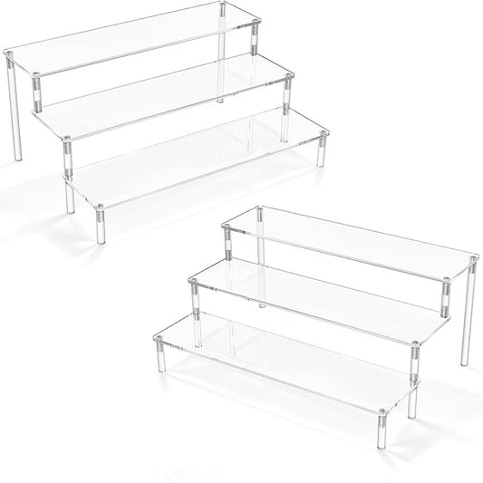 AZEAM 2 Packs Acrylic Display Risers,Clear Display Risers Stand Small Mini Shelf 3 Tiered Cupcake Stand for Food Desserts Stand Perfume Organizer Toys Collections Cosmetic Products Tabletop Use
