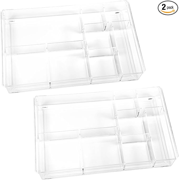 2Pcs 8-Section Clear Drawer Organizer, Large Acrylic Drawer Divider Tray for Desk,Bathroom,Office Makeup,Junk, Plastic Drawers Organizer 13.7" x 8.7" x 2"
