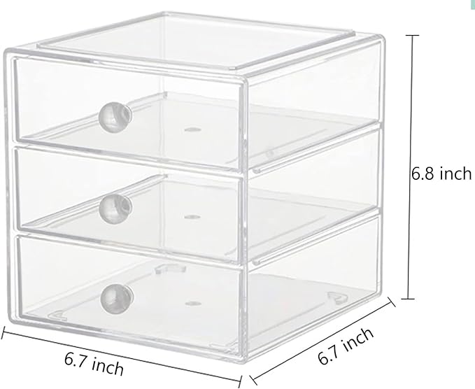 Makeup Drawer Organizer Box with 3 Drawers, Acrylic Cosmetic Display Case Vanity Organizer Jewelry Storage Box Stackable Storage for Cosmetics, Skin Care, Bathroom, Countertop, Clear