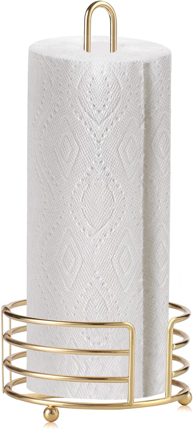 Buruis Paper Towel Holder for Countertop, Metal Standing Paper Towel Dispenser with U-Shape Handle and Stable Base, Gold