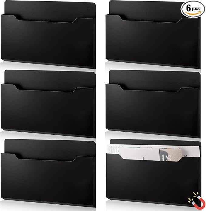 Fuutreo 6 Pcs Magnetic Wall File Organizer Magnetic Wall File Holder Refrigerator Magazine Holder for Mail Letters Paper(Black,8.3 x 13.8 Inch,Horizontal)