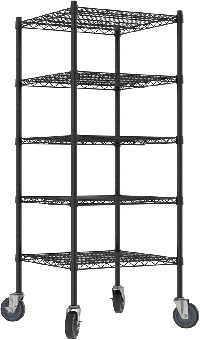 Commercial NSF Listed Black Epoxy Mobile Wire Shelving Kit 24" x 24" x 60", with 5 Shelves Perfect for Warehouse, Walk-in Refrigerator, Freezer, Grocery Store, Restaurant, Dishroom