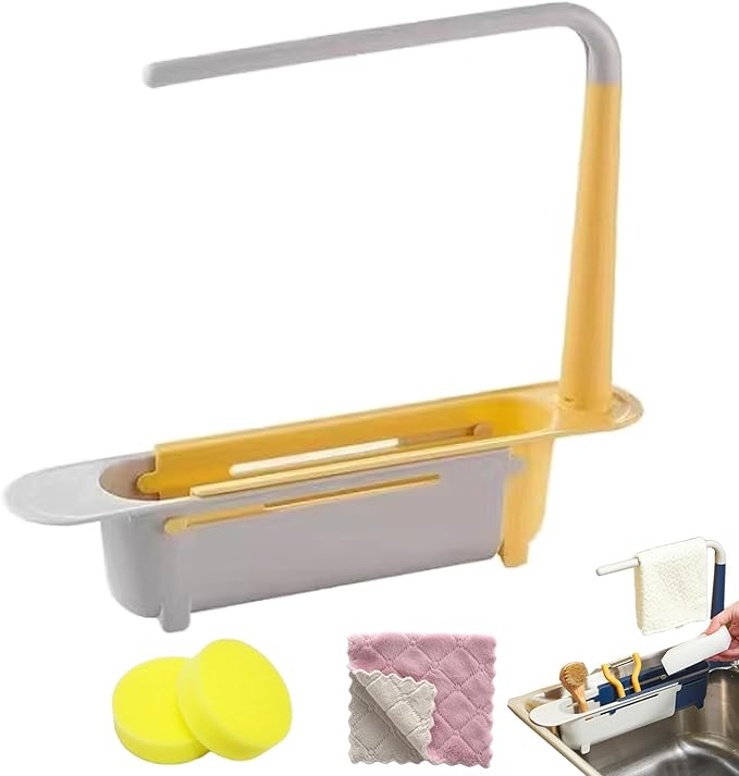 Updated Telescopic Sink Storage Rack, Dish Drying Rack over the Sink, Expandable Slim Drain Basket, Multifunctional Caddy Adjustable Kitchen Sponge Holder, for Counter Space Bathroom (1 PCS-Yellow)