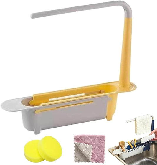 Updated Telescopic Sink Storage Rack, Dish Drying Rack over the Sink, Expandable Slim Drain Basket, Multifunctional Caddy Adjustable Kitchen Sponge Holder, for Counter Space Bathroom (1 PCS-Yellow)